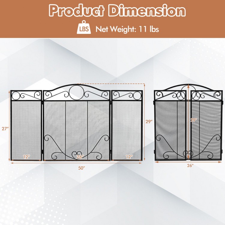 3-panel freestanding fireplace screen with scrollwork design, sturdy steel frame, and dense mesh for safety and style.